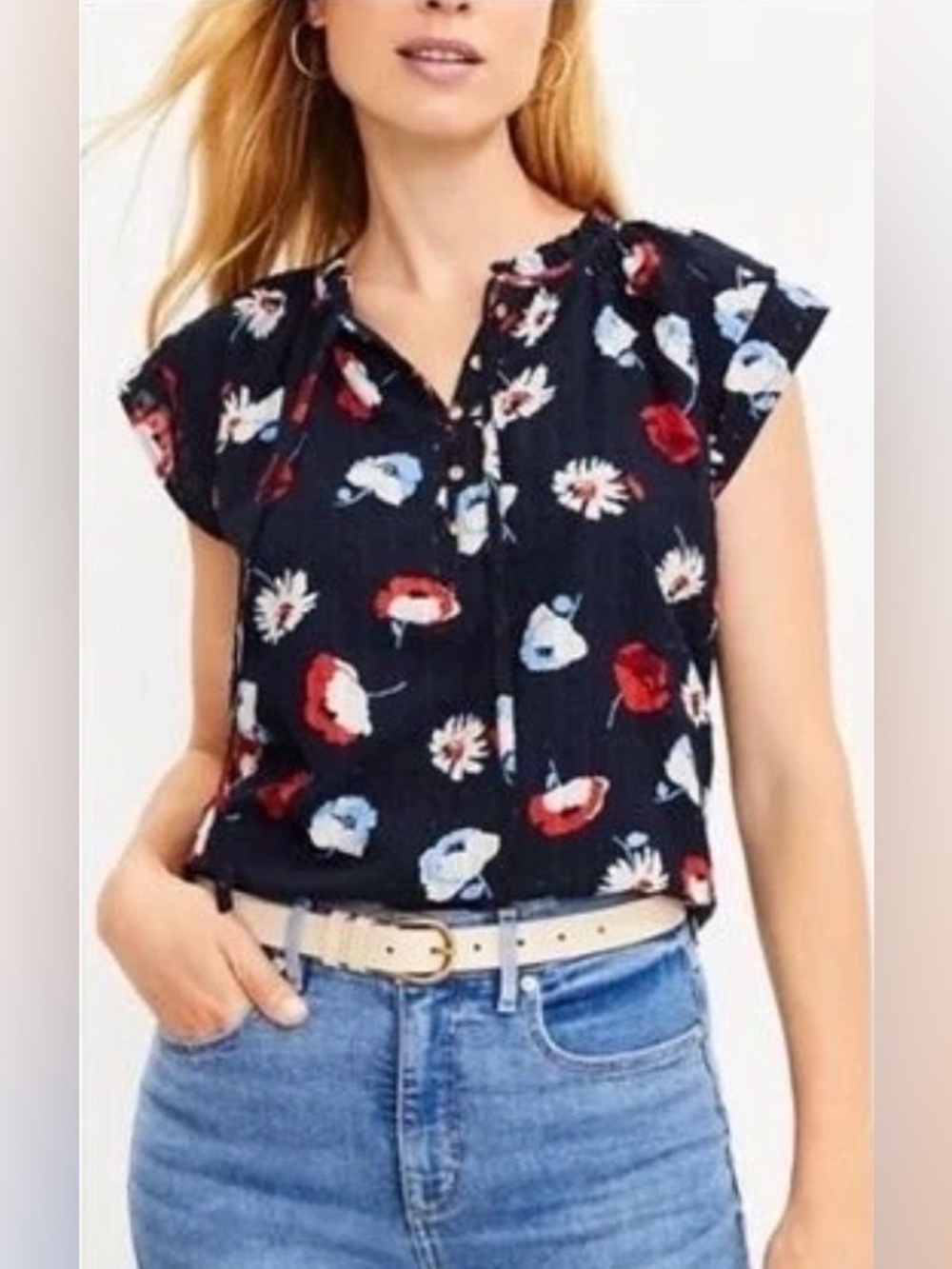 LOFT Navy Blue Floral Poppy Ruffle Neck Tie Blouse Top Cap Sleeve